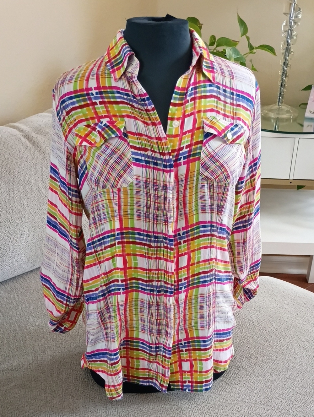 CAbi Bright Multi-Stripe Plaid Button-Down Shirt